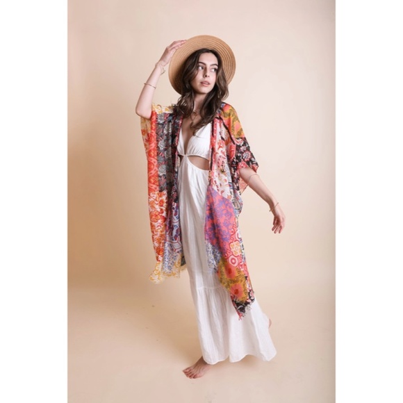 SOLD OUT Sky Blue Boho Patchwork Floral Bohemian Kimono Wrap Coverup Open Top - Picture 3 of 4